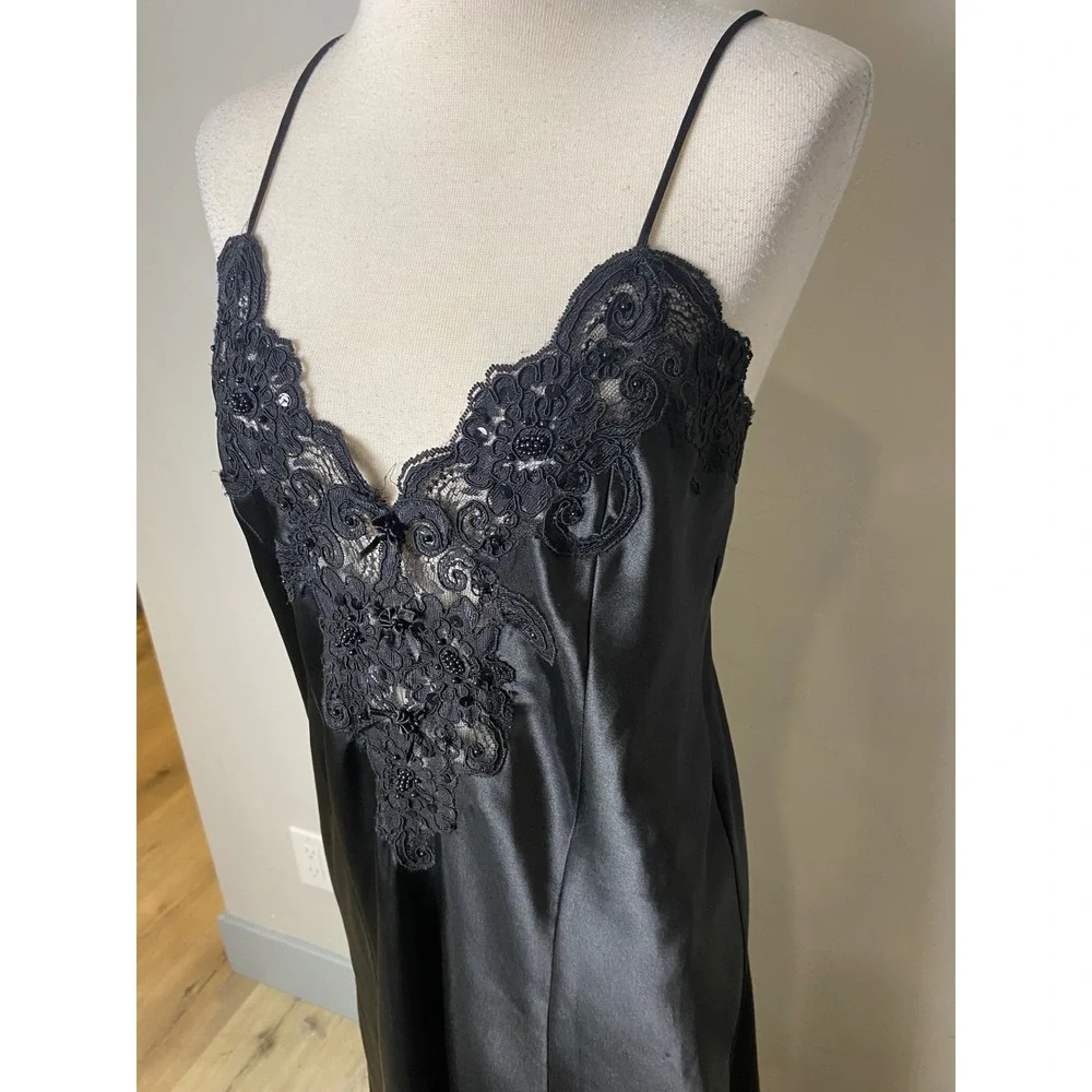 VTG Fredrick of Hollywood Black Satin Nightgown Slip Dress Maxi Lingerie Gown
